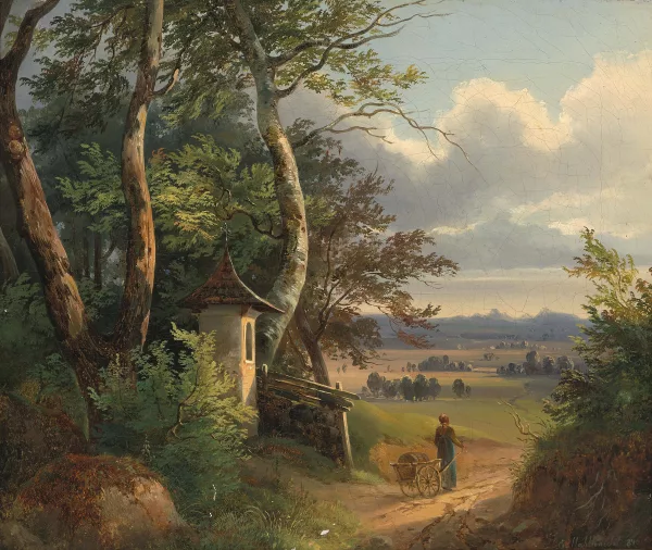 Edmund Mahlknecht — Bäuerin mit einer Karre in einer Landschaft
