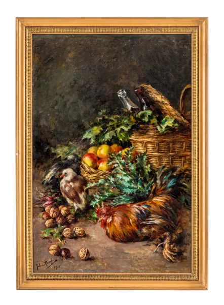 Julia Alcayde Montoya — Nature morte au panier, coq, noix,