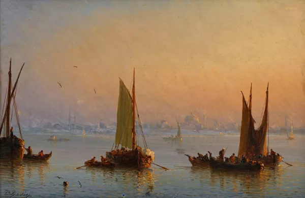 Théodore Gudin — Voiliers devant Byzance au coucher du soleil,