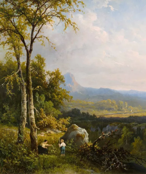 George Andries Roth — Bergige Waldlandschaft mit Mutter und Kind bei der Rast