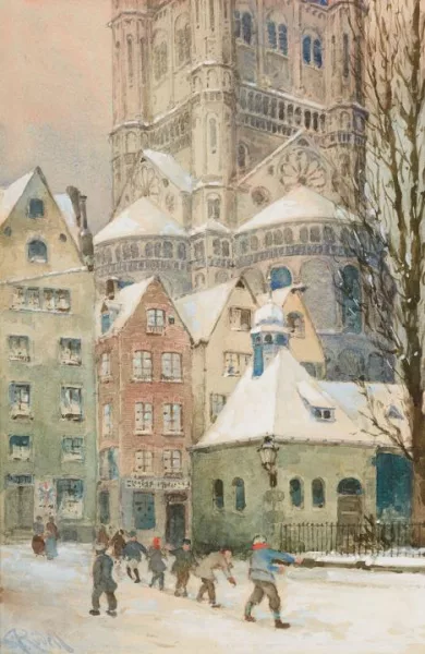 Carl Rüdell — View of Cologne’s Old Town with Great St Martin and Children at Play