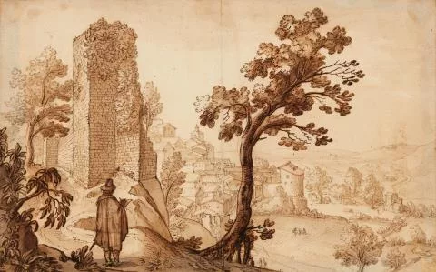 Remigio Cantagallina — Südliche Stadtansicht mit Turmruine und Zeichnenden
