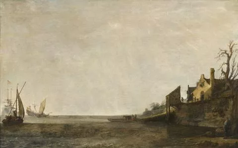 Simon de Vlieger — Navires au mouillage devant une digue