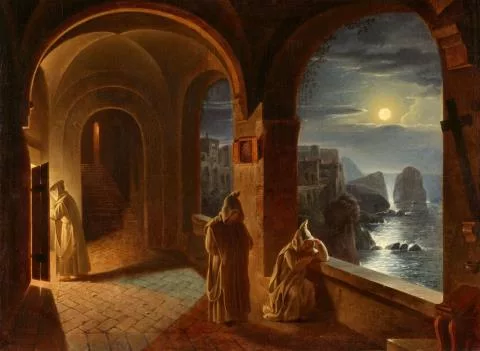 Franz Ludwig Catel — Drei Kartäusermönche in einem Klostergang der Certosa di San Giacomo auf Capri im Mondschein