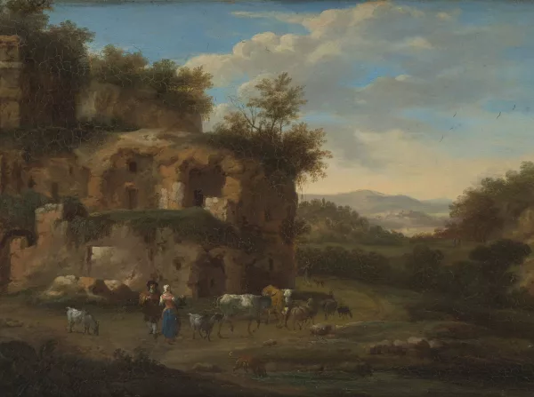 Cornelius van Poelenburgh — in der Art Hirtenpaar mit Kleinkind und ihrer Herde vor einer Ruine