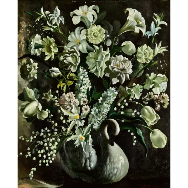 Anna Zinkeisen — Weisse Blumen in Schwanenvase.