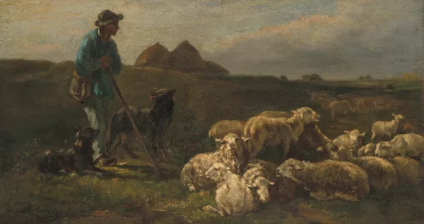 Charles Jacque — Hirte mit Schafherde und zwei Hunden