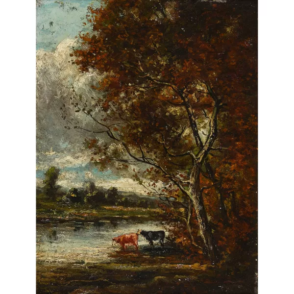 Henri Foreau — Herbstliche Flusspartie mit Kühen.