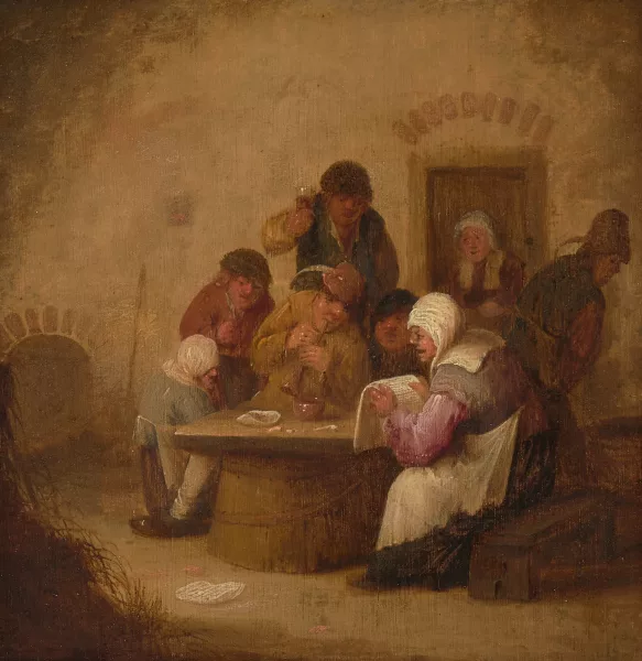 Bartholomeus Molenaer — Musizierende, singende und trinkende bäuerliche Gesellschaft an einem Tisch