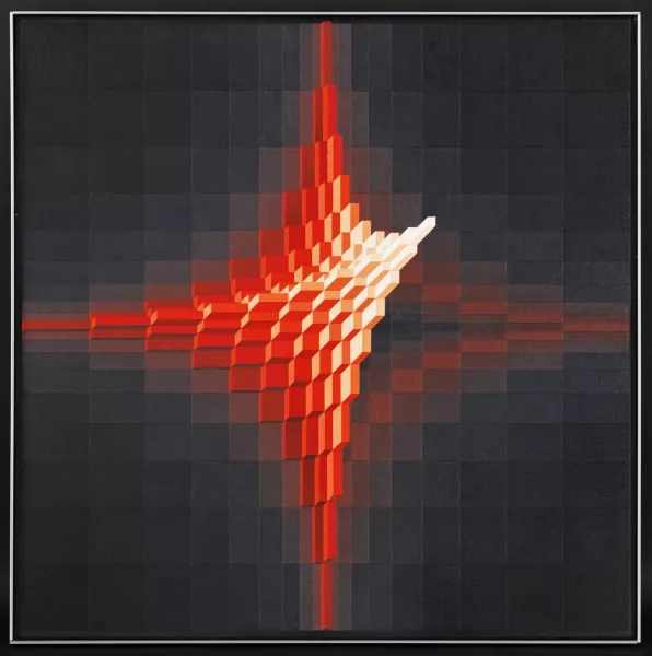 Yvaral — Structure pyramidale, rouge-gris, 1975