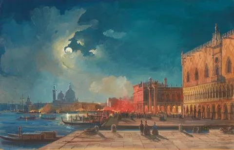 Ippolito Caffi — Nächtliches Feuer auf der Piazzetta in Venedig