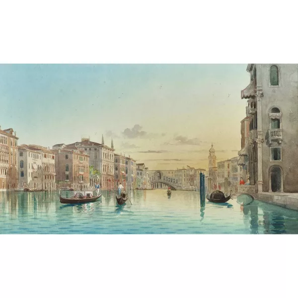 Umberto Ongania — Kanalpartie in Venedig mit Rialtobrücke.