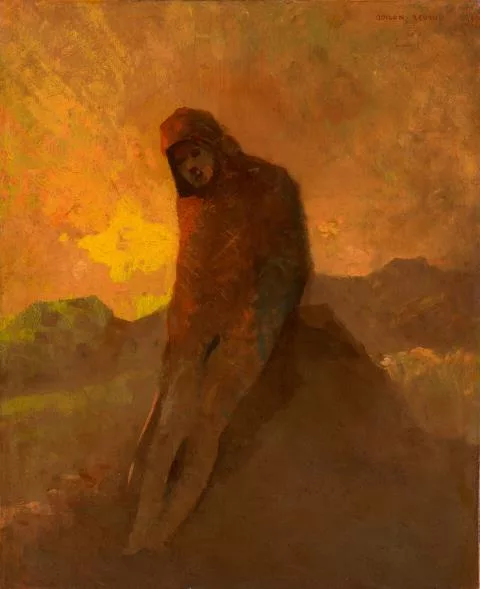 Odilon Redon — Figure en rouge assise sur un rocher