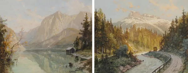 Georg Janny — Zwei Ansichten aus der Umgebung von Bad Aussee (Strassenpartie am Fluss und Altausseer See mit Loser im Hintergrund)