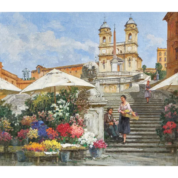 Filippo Anivitti — Blumenmarkt an der Spanischen Treppe in Rom.