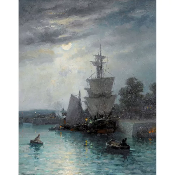 Louis Étienne Timmermans — Hafenszene mit Dreimaster im Mondschein.