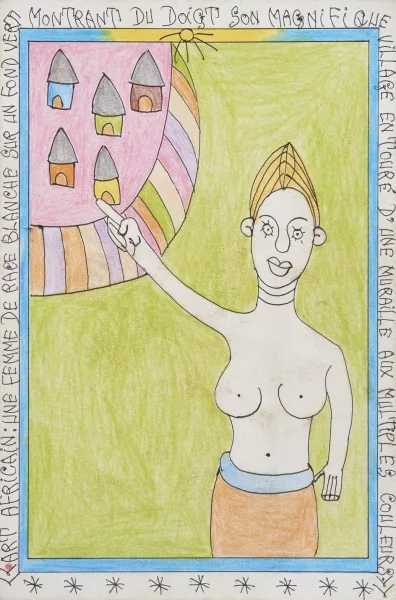 Frédéric Bruly Bouabré — Eine Frau weisser Hautfarbe vor grünem Hintergrund zeigt auf ihr prächtiges Dorf, umgeben von einer vielfarbigen Mauer