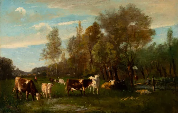 Constant Troyon — Vaches et moutons dans un paysage forestier