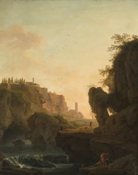 Claude Joseph Vernet — Umkreis Schlucht mit Fischern, bei einem Wasserfall rastend