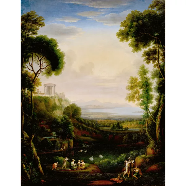 Friedrich Rehberg — Arcadian landscape with nymphs adorning a satyr herm.