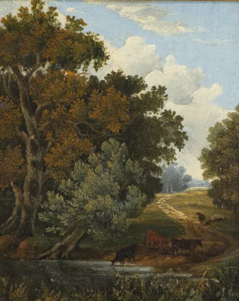 William Tomkins — Attribué à William TOMKINS — William TOMKINS (1730/32-1792) attribué à, 'Vache dans un sous-bois', huile