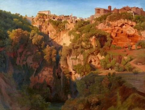 Ernst Fries — Les cascades de Tivoli avec le Ponte Lupo ainsi que les temples de Vesta et de la Sibylle