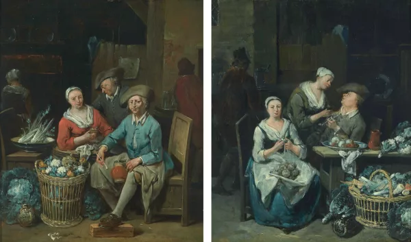 Jan Baptist Lambrechts — Gegenstücke: Interieur mit Apfelschälerin / Interieur mit trinkendem Paar