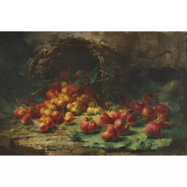 Frans Mortelmans — Stillleben mit Erdbeeren und Kirschen.