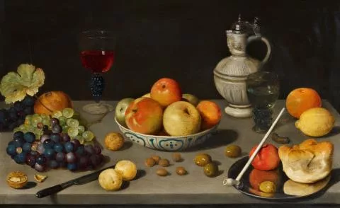 Floris Claesz van Dijck — Stillleben mit Trauben, Äpfeln, Nüssen, Oliven, Weingläsern und Siegburger Krug