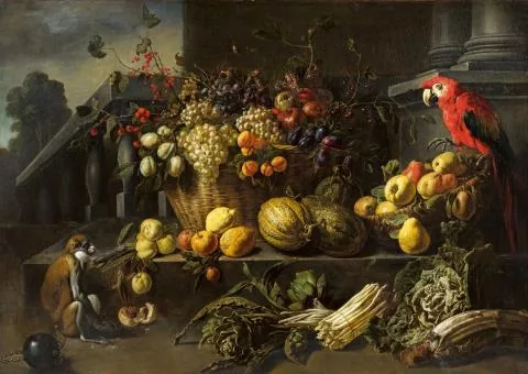 Adriaen van Utrecht — Stillleben mit Früchten, Gemüse und einem Papagei
