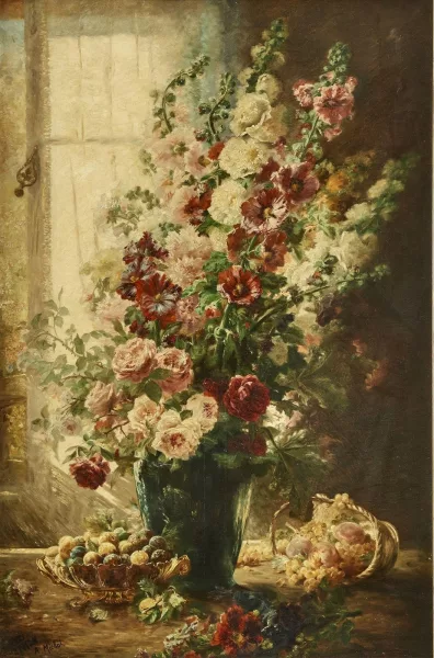 Victor Charreton — D’après Victor Charreton — Nature morte au vase de fleurs et corbeille de fruits