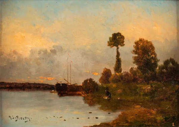 Hippolyte-Camille Delpy — Bateau et lavandière au soleil couchant