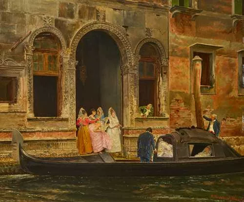 Francesco Jacovacci — Ankunft venezianischer Edeldamen in einer Gondel. 1874.