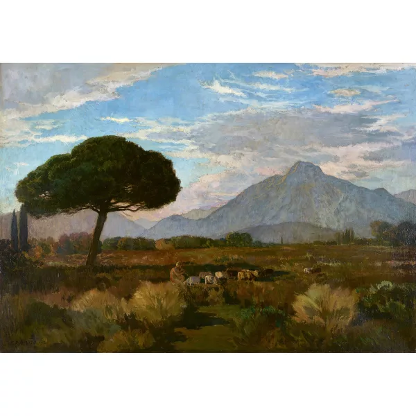 René Ménard — Flöte spielender Schafhirte mit seiner Herde in südlicher Landschaft.