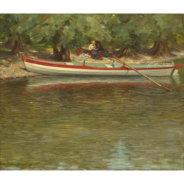 Bernhard Schneider-Blumberg — Zwei lesende Damen mit Ruderboot am Ufer.