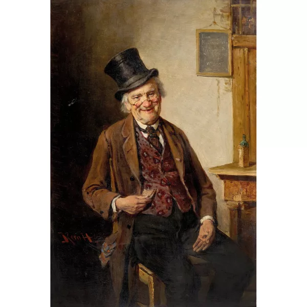 Hermann Kern — Sitzender Mann mit Zylinder, Geldnote und Münze.