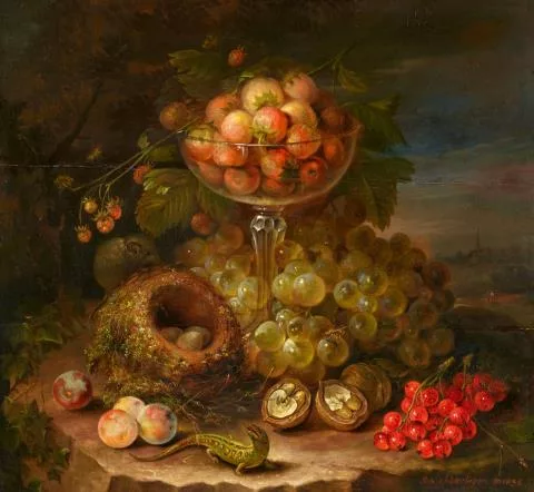 Johann Schlesinger — Stillleben mit Erdbeeren in einer gläsernen Tazza, Trauben, Johannisbeeren, Nüssen, Mirabellen, einem Vogelnest sowie einer Eidechse