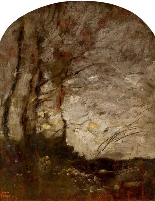 Jean-Baptiste Camille Corot — Geneigte Bäume an einem Wildbach (Nachtstimmung), 1860–1865
