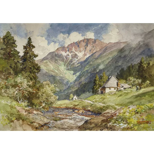 Edward Harrison Compton — Sommerlicher Gebirgsbach mit Bauernhäusern.