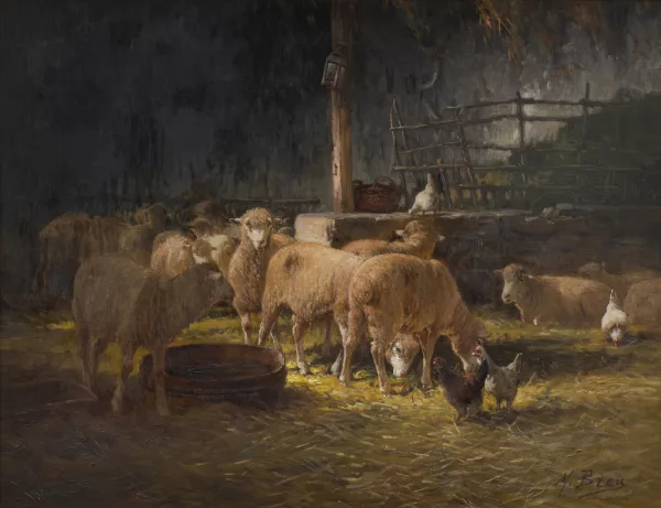 Max Breu — Max BREU (1915-1941), 'Moutons à la bergerie avec poules', huile