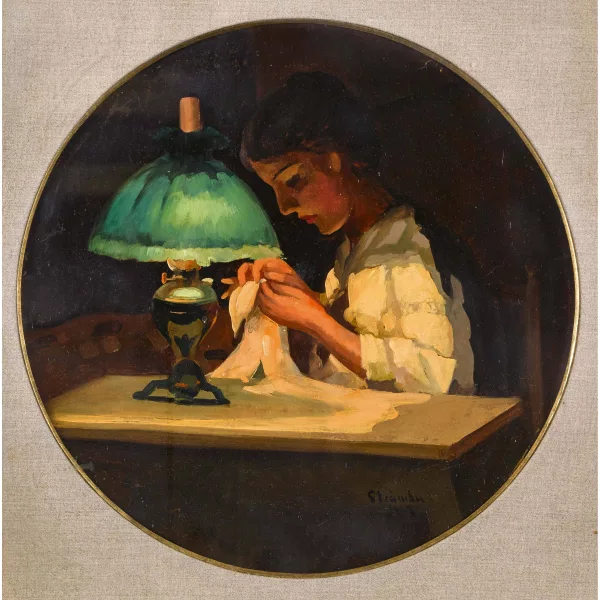 Ipolit Strâmbu — Nächtliches Interieur mit Mädchen bei der Näharbeit.