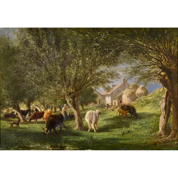 Edmé-Émile Laborne — Paysage estival avec troupeau de vaches et paysanne.
