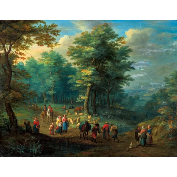 Carel Beschey — Belebte Waldlandschaft mit Bachbrücke.