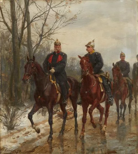 Emil Hünten — L’empereur Guillaume Ier, le prince Otto von Bismarck et le comte Helmuth von Moltke à cheval