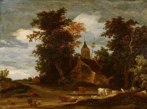 Jacob Salomonsz. van Ruysdael — Bewaldete Landschaft mit Kirchturm und Rindern