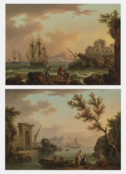 Claude Joseph Vernet — Suiveur de Joseph Vernet — Deux marines animées avec caprices architecturaux