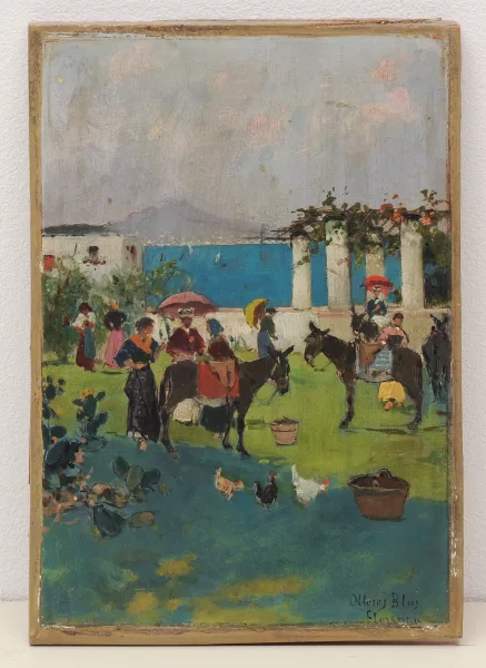 Blas Olleros y Quintana — Dame eleganti che si preparano a una passeggiata con gli asini, sullo sfondo il golfo di Napoli