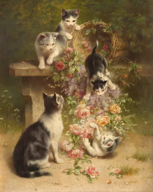 Carl Reichert — Fünf Katzen mit Rosenkorb, um 1890/1900
