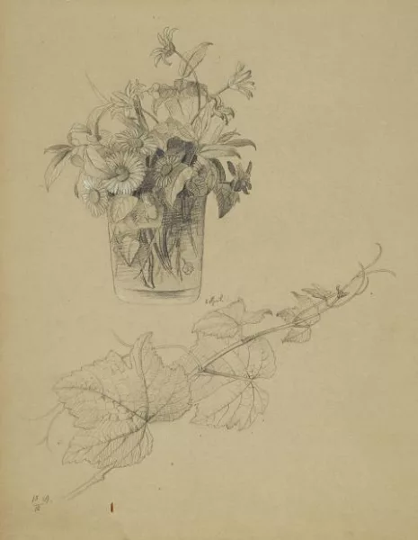 Johann Wilhelm Preyer — Study with a Flower Vase and Vine Leaves