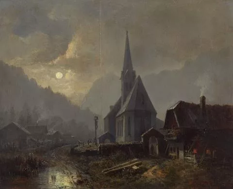 Heinrich Bürkel — Église à Ramsau au clair de lune